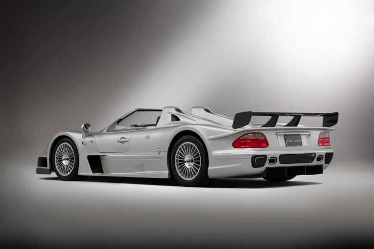 The Mercedes CLK GTR Roadster for sale is a GT1 race car with an open-air cockpit