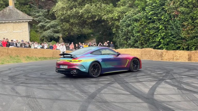 Mercedes drives the 2024 AMG GT Coupe at Goodwood, but it quickly crashes into the grass