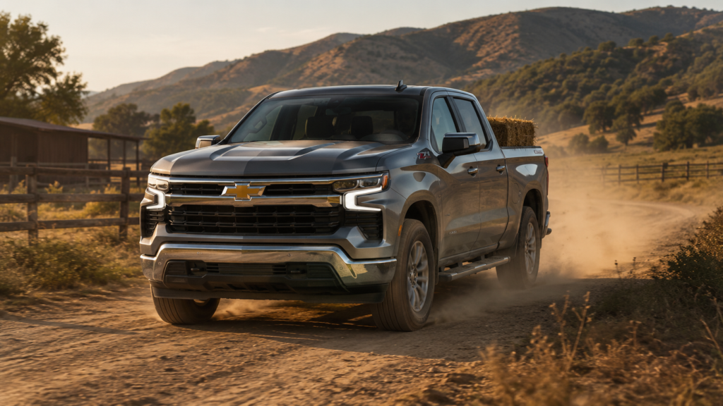 2026 Chevrolet Silverado 1500 Crew Cab in silver driving on a dirt ranch road with hay bale in the bed and mountain landscape at golden hour