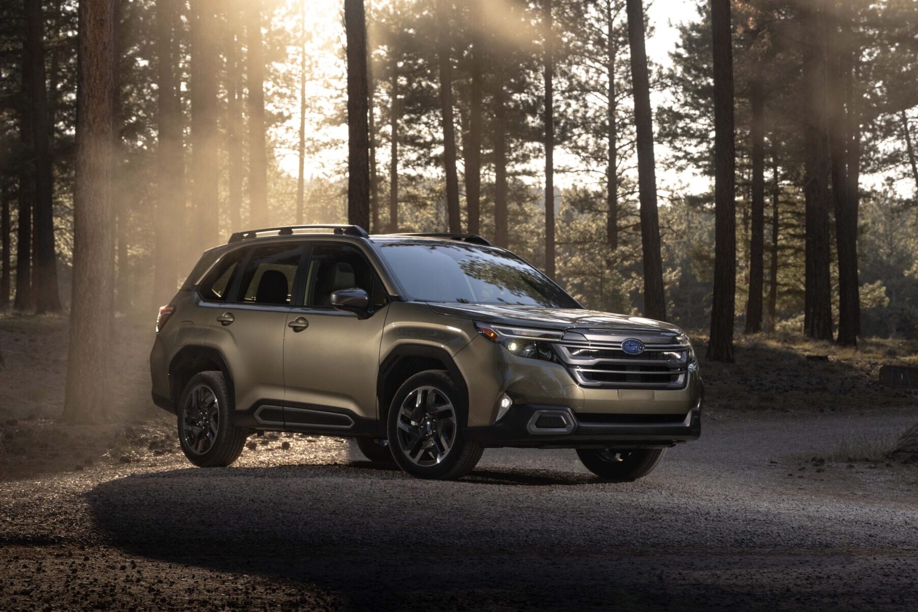 2026 Subaru Forester parked in a forest during golden hour, featured in Subaru Forester Review