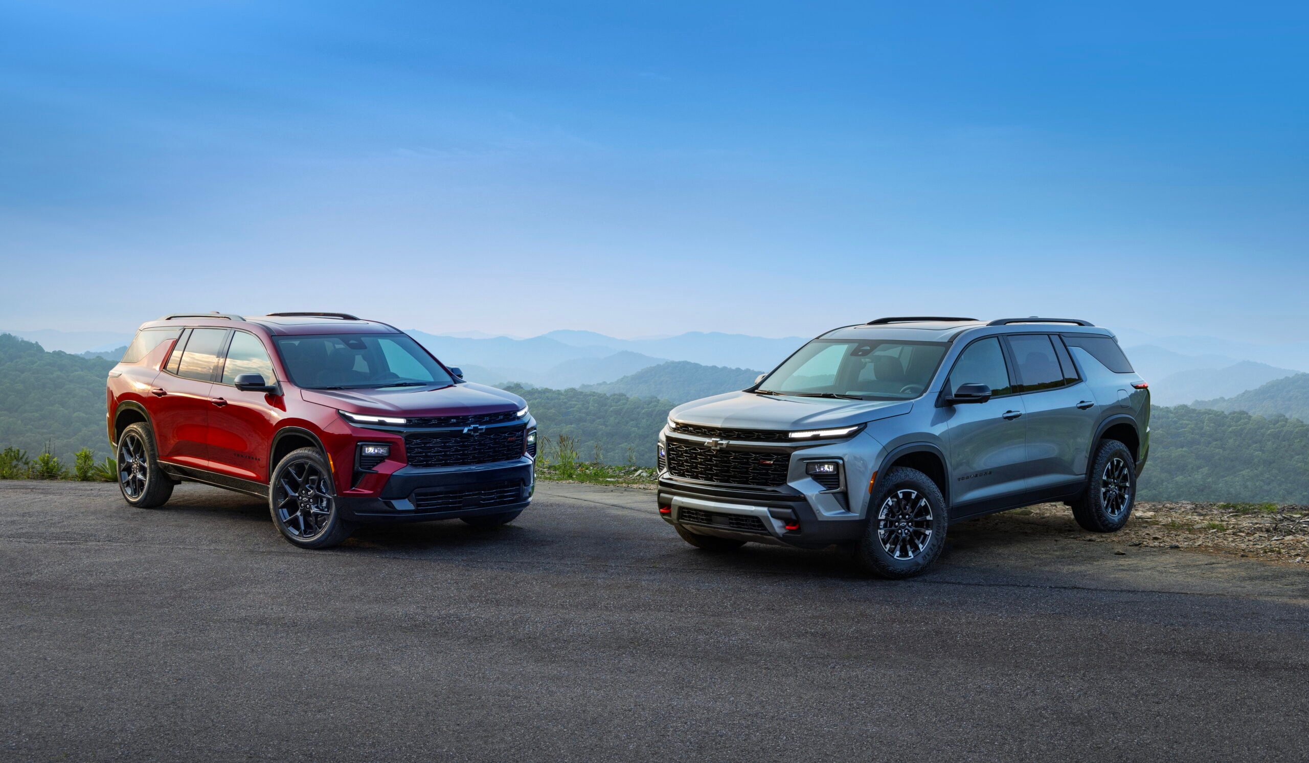 Chevrolet Traverse SUVs are shown side by side, featured in a Chevrolet Traverse Review 2026 focused on size and design.