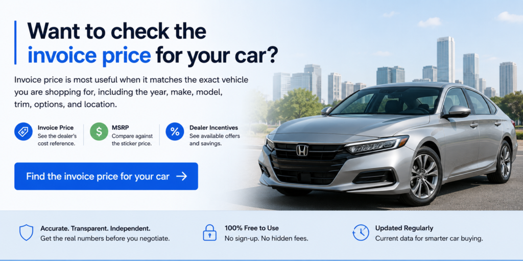 CTA banner inviting car buyers to check the invoice price, MSRP, and dealer incentives for a specific vehicle before negotiating.