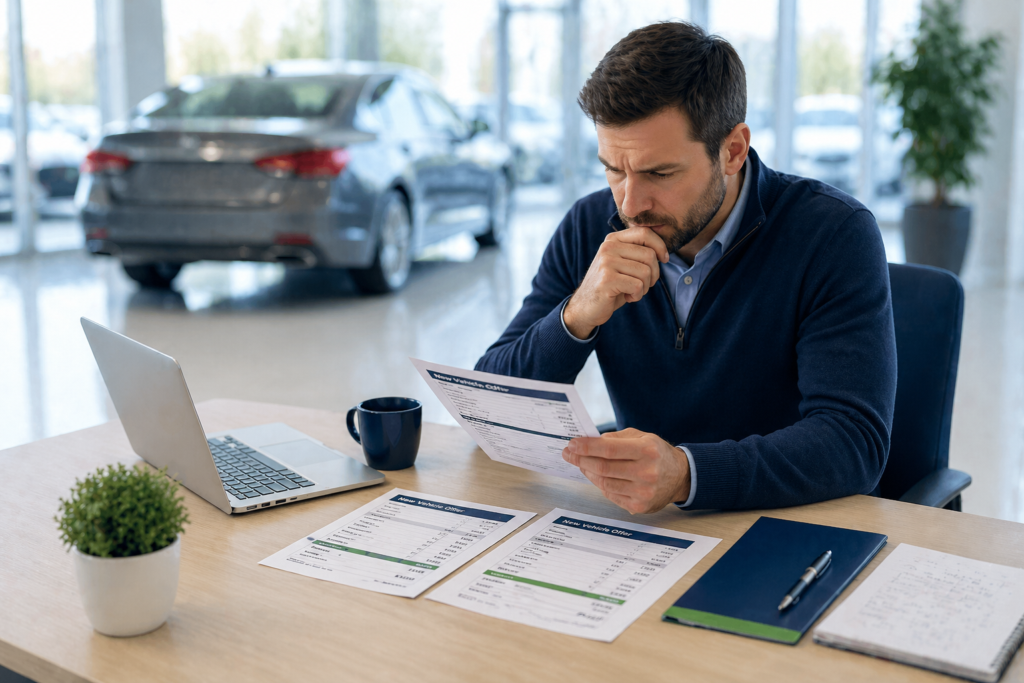 Car buyer comparing new car quotes at a dealership desk with a laptop and blurred showroom vehicle in the background