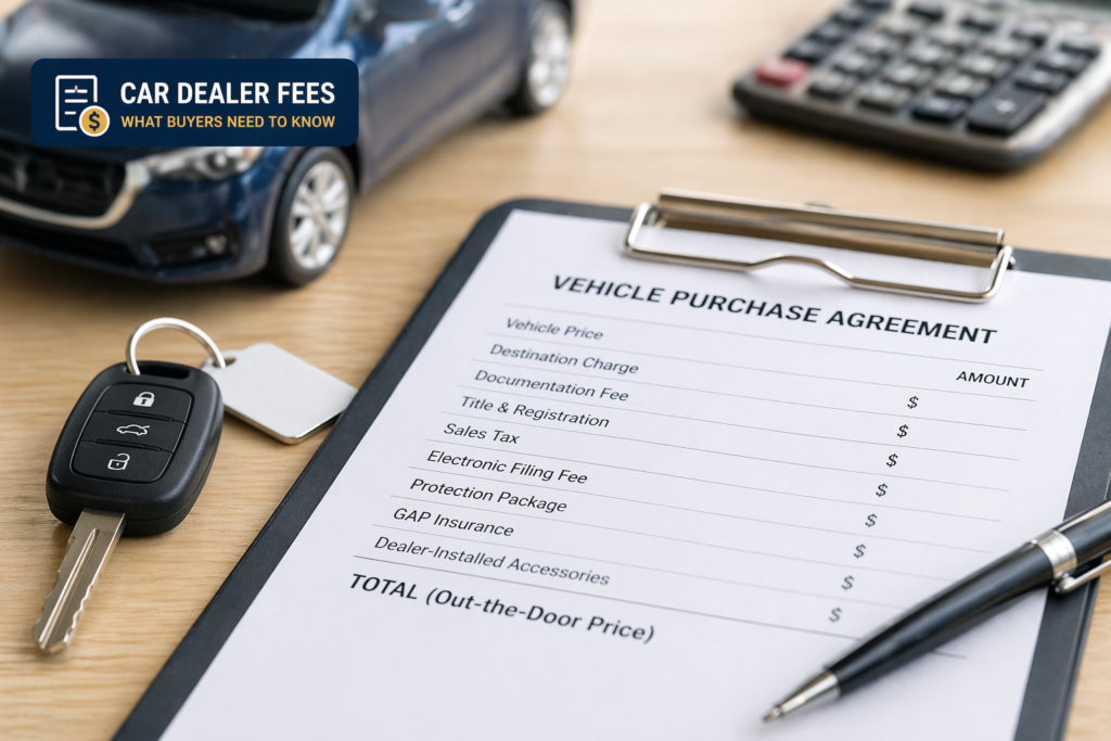 Car dealer fee worksheet with car key and purchase agreement on desk