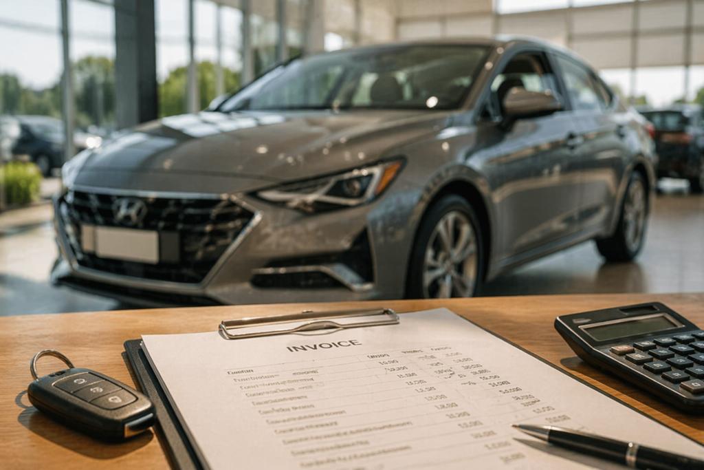 Car invoice, calculator, and keys on a showroom desk with a new car in the background