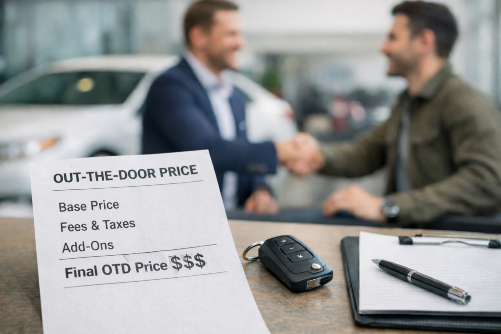 Car buyer reviewing an out-the-door price quote at a dealership