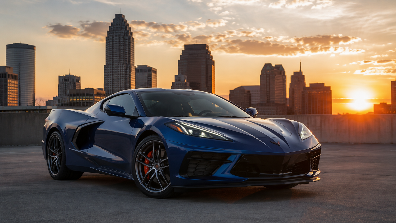 Blue sports car (Corvette) parked on a rooftop parking area with a city skyline at sunset behind it, warm orange sky.