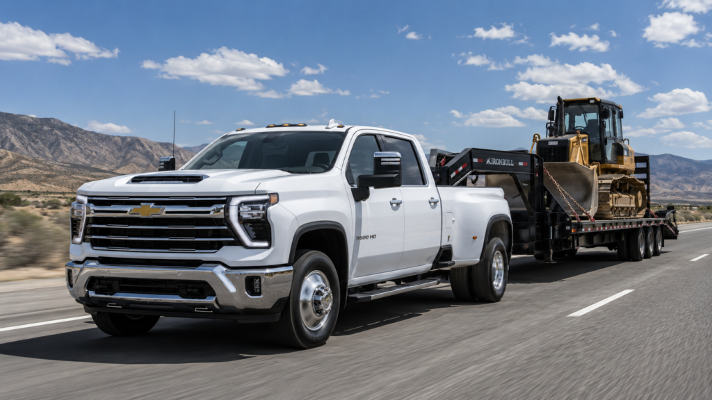 2026 Chevrolet Silverado 3500HD Crew Cab DRW in white towing a Caterpillar track loader on an IronBull gooseneck trailer on a desert highway