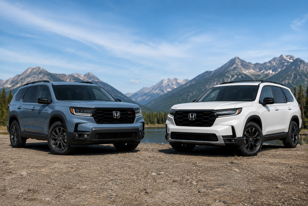 2026 Honda Passport and 2026 Honda Pilot parked side by side in a mountain setting.