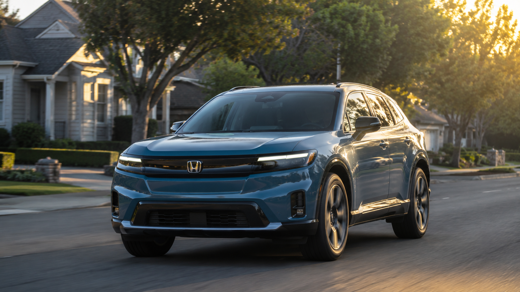 2026 Honda Prologue in North Shore Pearl driving through a quiet suburban neighborhood at golden hour with tree-lined streets and homes visible in the background