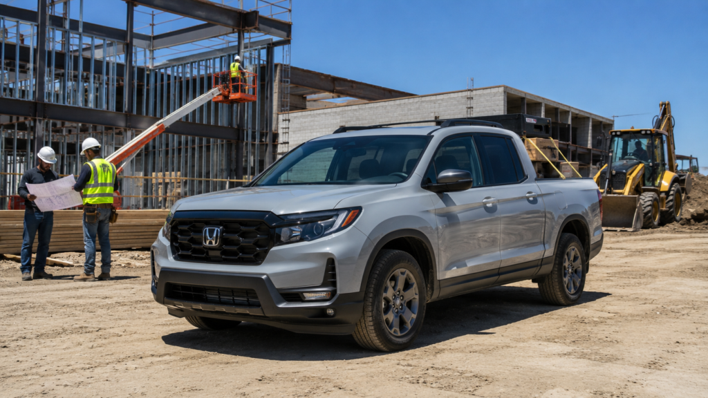 Silver Honda pickup parked on a dusty construction site as two workers in hard hats review blueprints with steel framing and a worker in an elevated lift in the background.