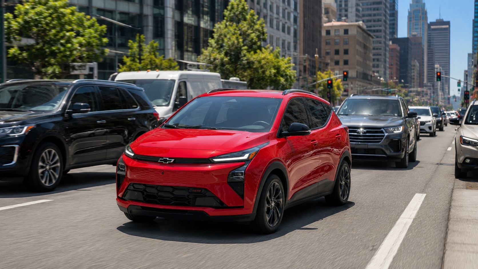 Red Chevrolet SUV driving in a busy city street, leading a line of cars during daytime traffic.