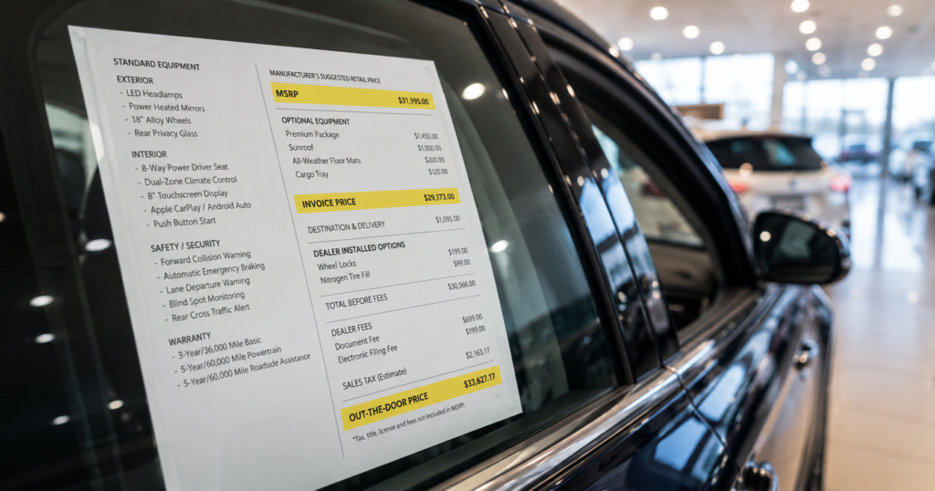 Auto prices on a dealership window sticker showing MSRP, invoice price, dealer fees, and out-the-door price highlighted in yellow