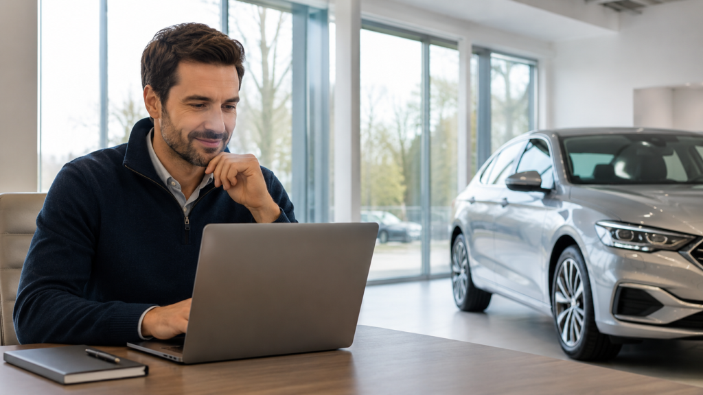 Car buyer reviewing pricing data on a laptop inside a dealership showroom before negotiating a deal