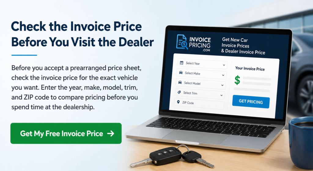 CTA banner showing an invoice price lookup form with a button to get a free invoice price before visiting the dealer.