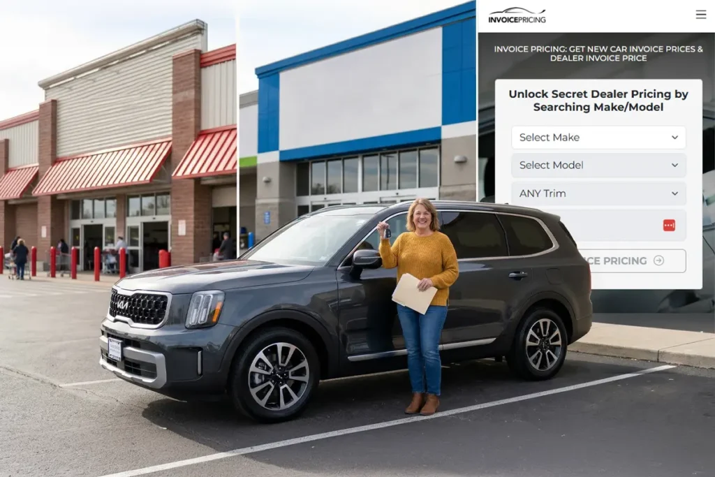 Woman standing beside a new SUV outside a dealership with an Invoice Pricing lookup screen in the background.