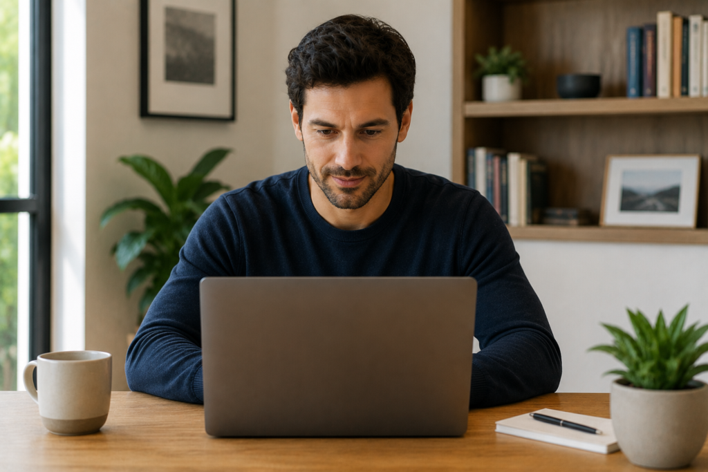 : A car buyer researching how CarsDirect works on a laptop before contacting a dealer.