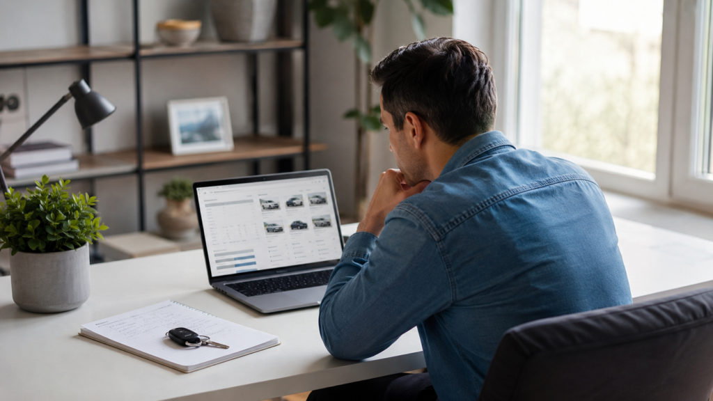 A car buyer researching how TrueCar works on a laptop, with car keys and notes on the desk