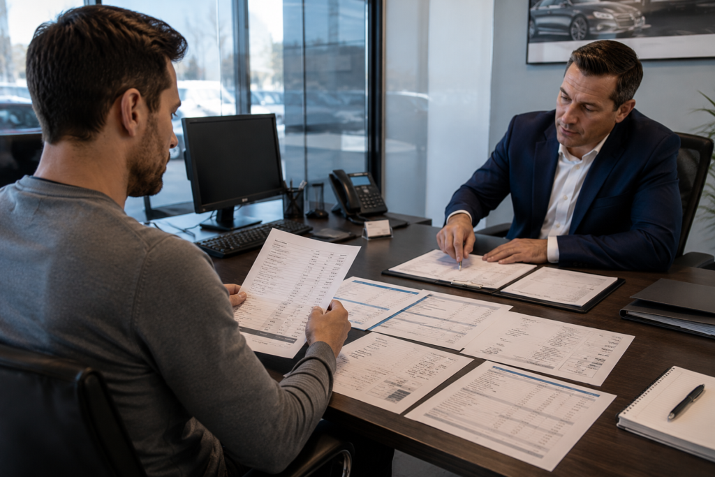 Buyer negotiating a new car price while reviewing a printed dealer pricing document across the desk from a salesperson at a dealership office.