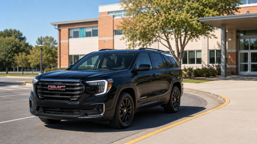 Front three-quarter view of a black GMC Terrain SUV parked in a curved driveway near a brick-and-glass building on a sunny day.