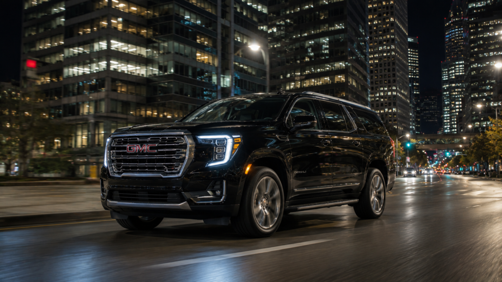 2026 GMC Yukon XL Denali in Onyx Black driving through a downtown city street at night with illuminated skyscrapers in the background