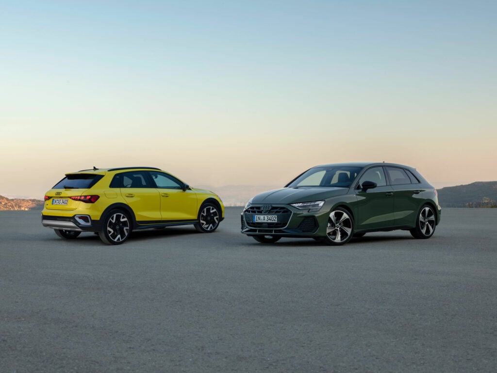 2026 Audi A3 Sportback parked outdoors with two color options