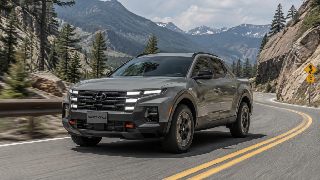 2026 Hyundai Santa Cruz XRT AWD in a rugged outdoor setting showing its compact pickup truck design and bold exterior styling