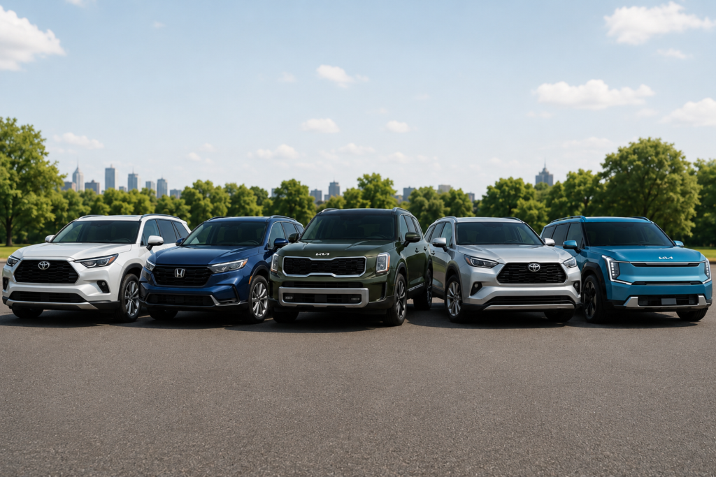 Lineup of family SUVs for buyers comparing the best SUVs for families in 2026.