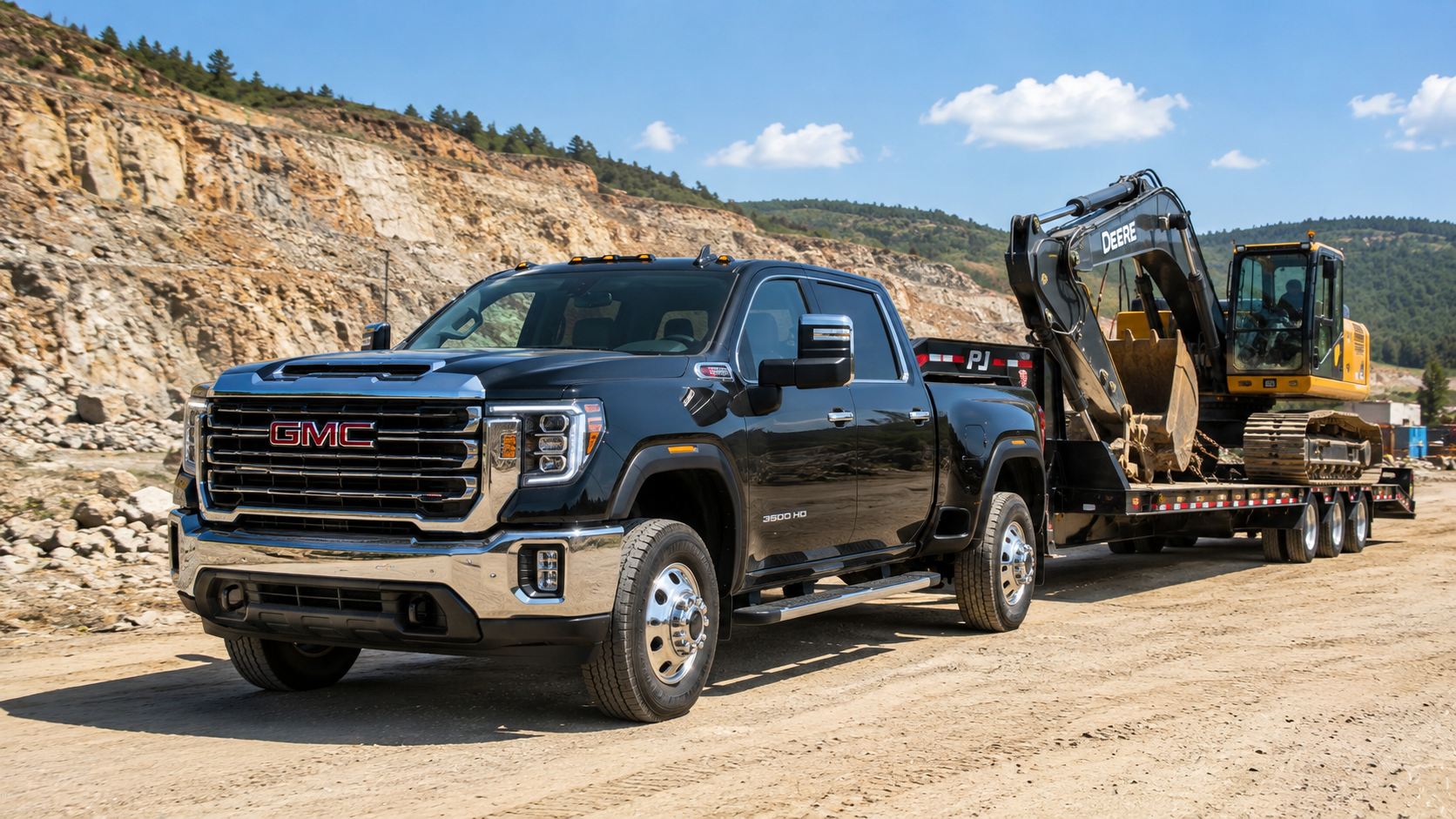 2026 GMC Sierra 3500HD in Onyx Black towing a flatbed trailer loaded with a John Deere excavator at a rocky quarry job site under blue skies
