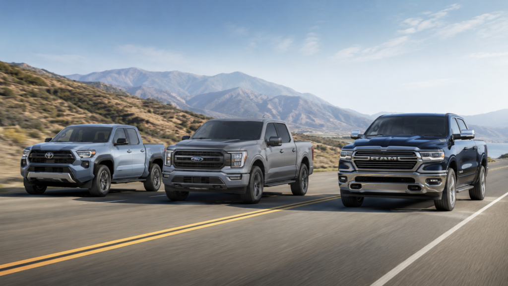 Three modern pickup trucks driving on an open highway for a guide to the best MPG trucks in 2026