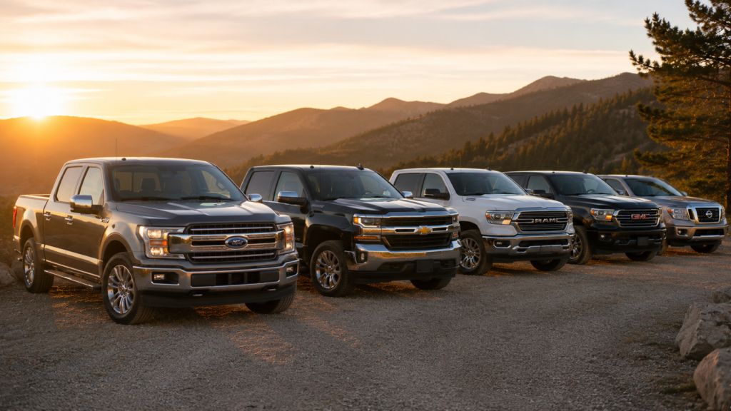 Lineup of full-size pickup trucks at a mountain overlook, compared alongside the cheapest new trucks in this guide