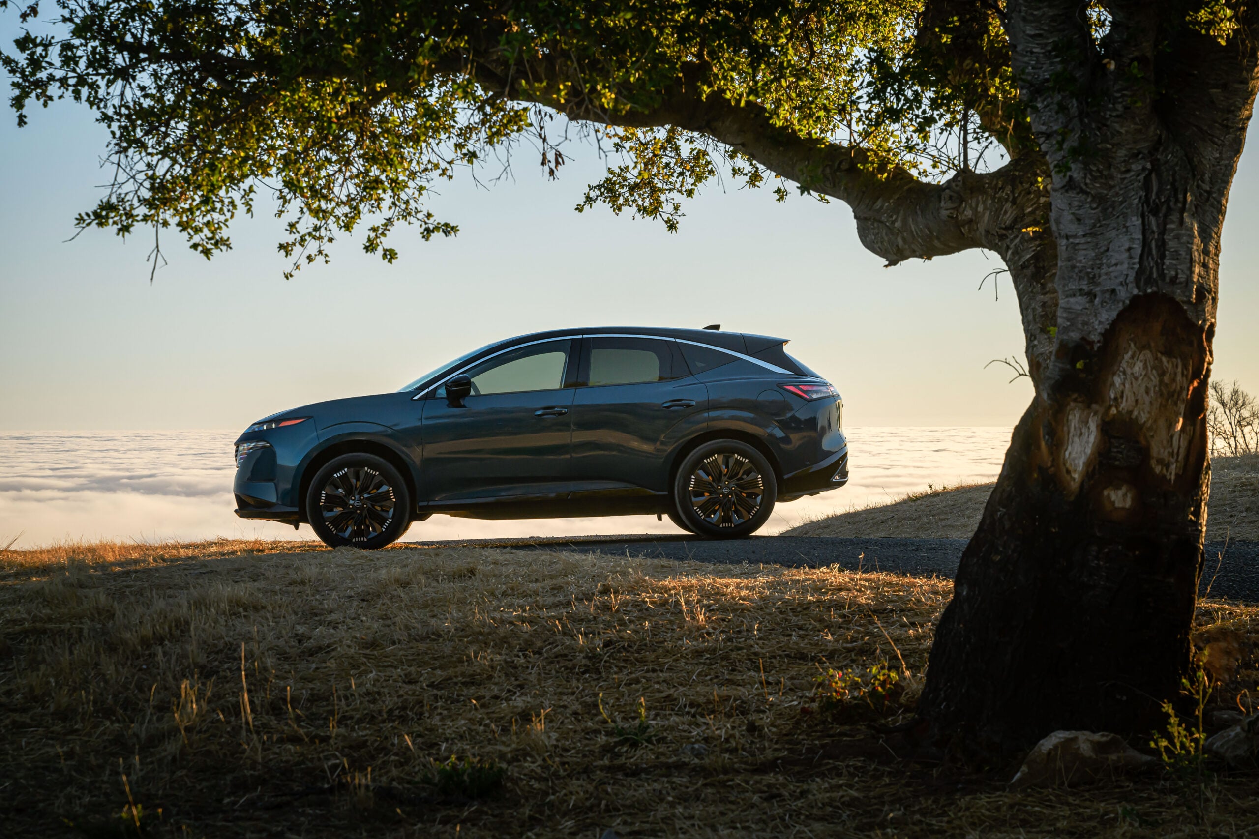 2026 Nissan Murano SUV parked on a hillside at dusk, highlighting its exterior styling.
