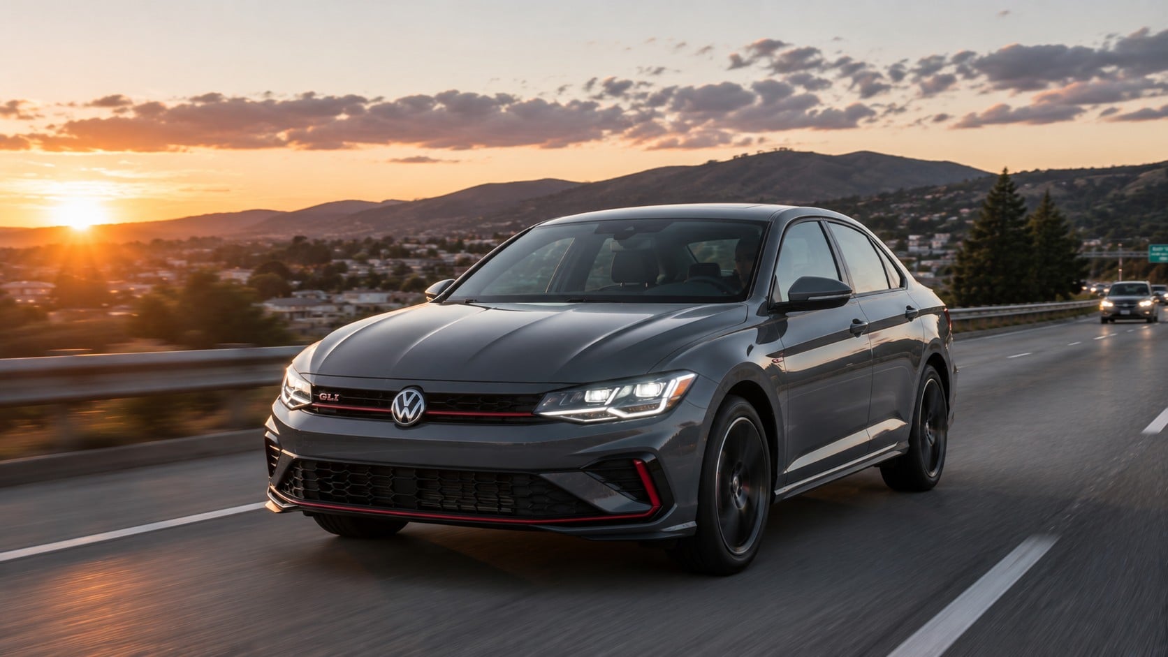Gray 2026 Volkswagen Jetta GLI sedan with GLI grille badge driving on a highway at sunset with mountains in the background
