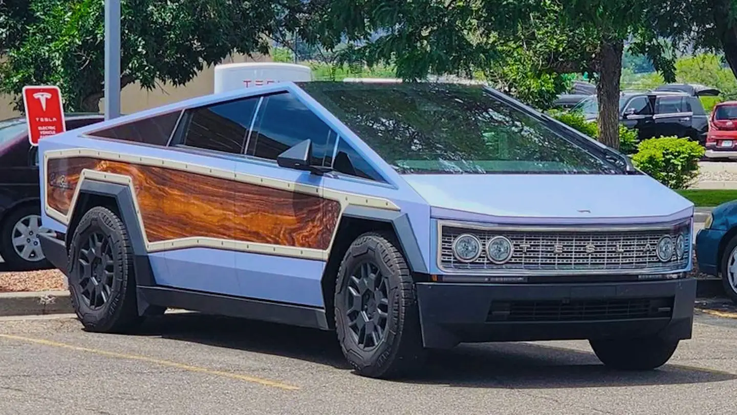 The Tesla Cybertruck looks great with a traditional wooden wagon wrap, which is a surprise