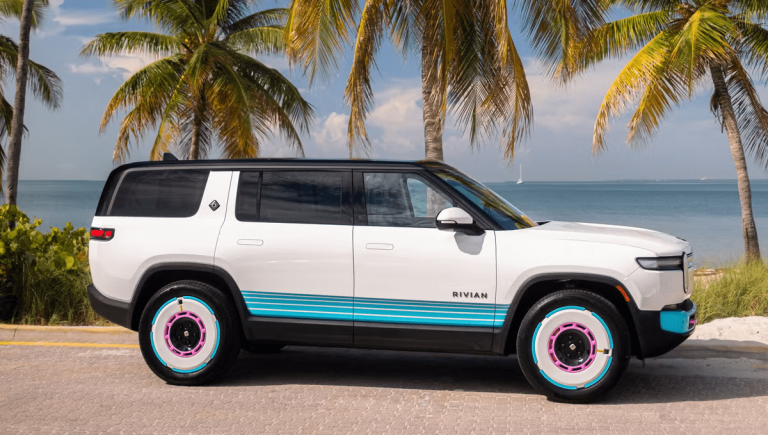 Rivian Presented A Special R1S Styled With Green And Pink Accents, Inspired By The Vibrant Energy Of Miami