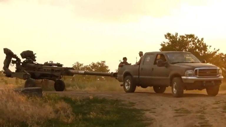 Ukraine’s Ford Super Duty pickup truck pulls an M777 cannon