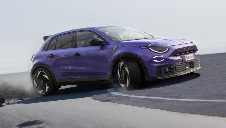 The purple Fiat 600e Abarth is a badass car that won’t be coming to America