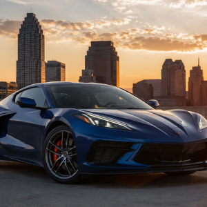 Blue sports car (Corvette) parked on a rooftop parking area with a city skyline at sunset behind it, warm orange sky.