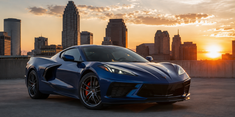 Blue sports car (Corvette) parked on a rooftop parking area with a city skyline at sunset behind it, warm orange sky.