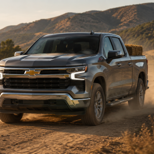 2026 Chevrolet Silverado 1500 Crew Cab in silver driving on a dirt ranch road with hay bale in the bed and mountain landscape at golden hour