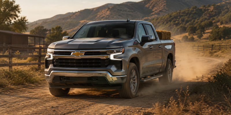 2026 Chevrolet Silverado 1500 Crew Cab in silver driving on a dirt ranch road with hay bale in the bed and mountain landscape at golden hour
