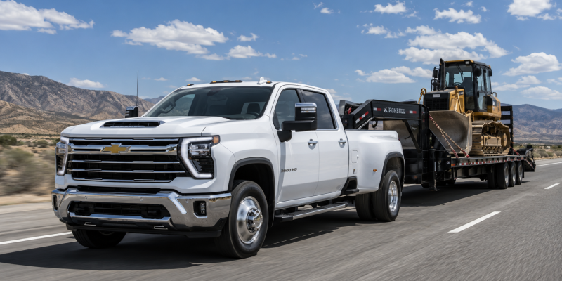 2026 Chevrolet Silverado 3500HD Crew Cab DRW in white towing a Caterpillar track loader on an IronBull gooseneck trailer on a desert highway