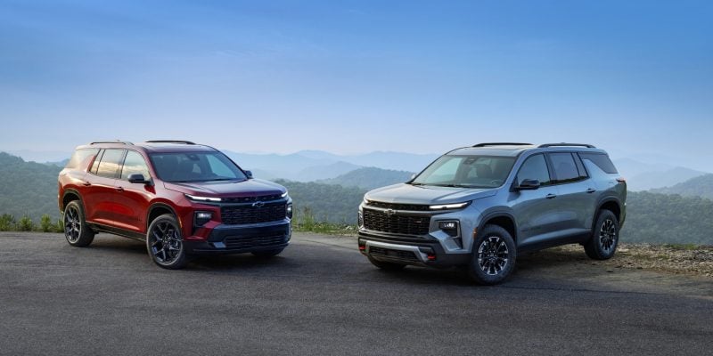 Chevrolet Traverse SUVs are shown side by side, featured in a Chevrolet Traverse Review 2026 focused on size and design.