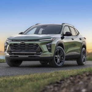 Chevrolet Trax Review image of a green 2026 Chevrolet Trax, front three-quarter view