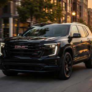 Black GMC SUV driving along a city street at sunset, warm orange sky and glowing streetlights in the background.