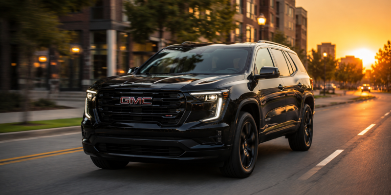 Black GMC SUV driving along a city street at sunset, warm orange sky and glowing streetlights in the background.