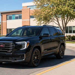 Front three-quarter view of a black GMC Terrain SUV parked in a curved driveway near a brick-and-glass building on a sunny day.