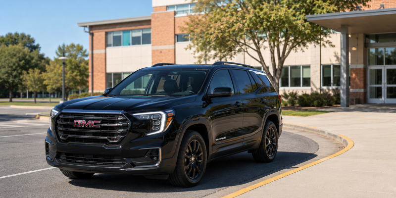 Front three-quarter view of a black GMC Terrain SUV parked in a curved driveway near a brick-and-glass building on a sunny day.