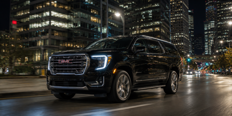 2026 GMC Yukon XL Denali in Onyx Black driving through a downtown city street at night with illuminated skyscrapers in the background