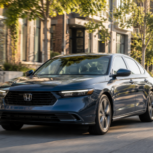 Blue Honda sedan driving down a tree-lined urban street, front-left view